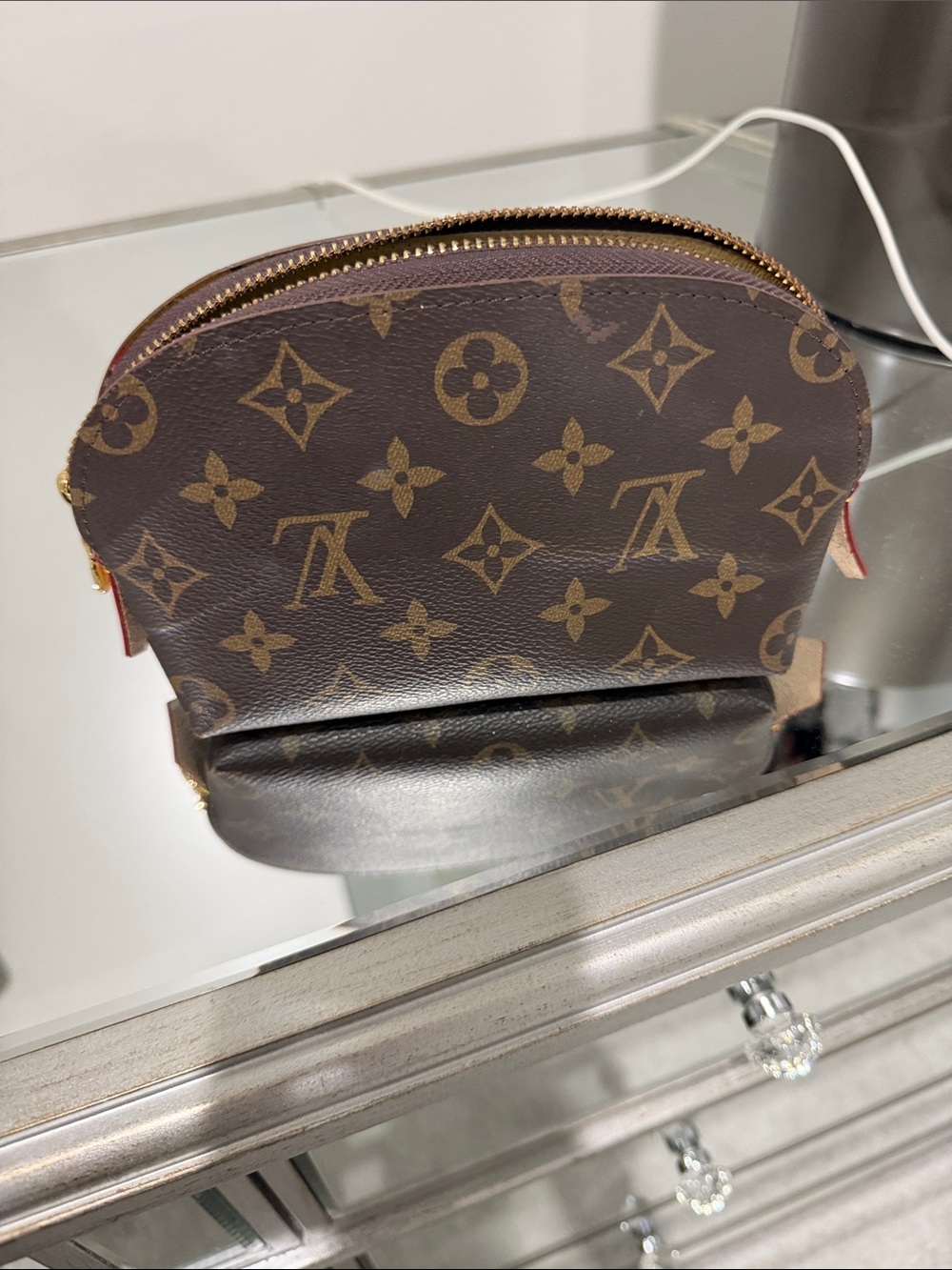 Monogram Canvas Cosmetic Pouch in Brown and Gold - Picture 4 of 10